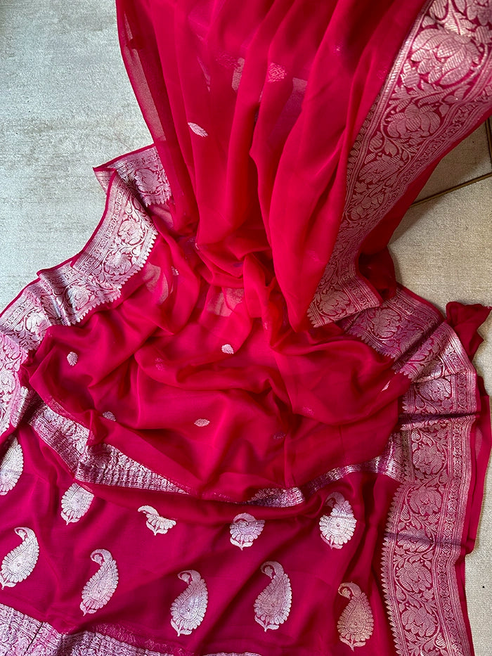KHADDI CHIFFON SILVER ZARI KADHUWA SAREE - FUCHSIA PINK