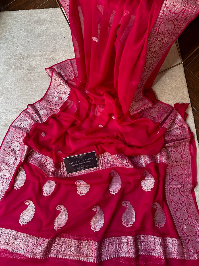 KHADDI CHIFFON SILVER ZARI KADHUWA SAREE - FUCHSIA PINK