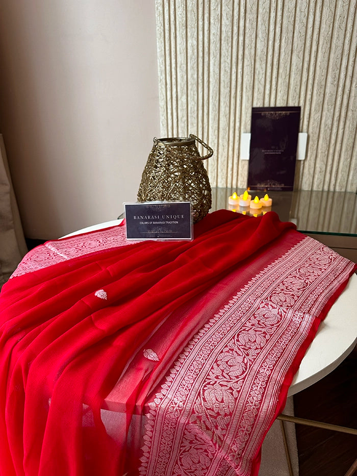 KHADDI CHIFFON SILVER ZARI KADHUWA SAREE - DEEP RED