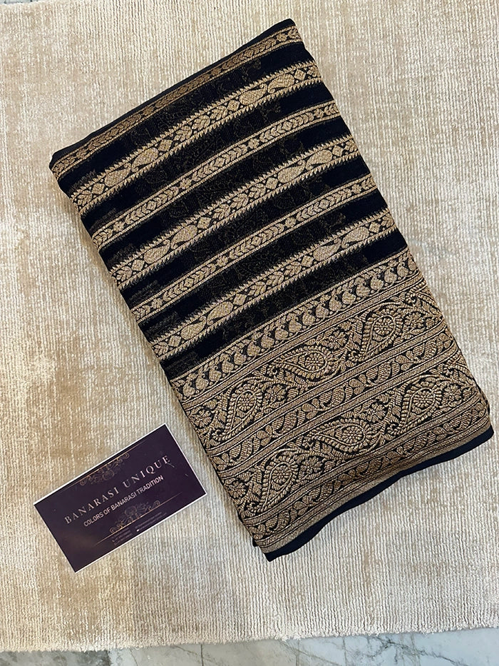 KHADDI GEORGETTE STRIPES ANTIQUE ZARI SAREE - BLACK