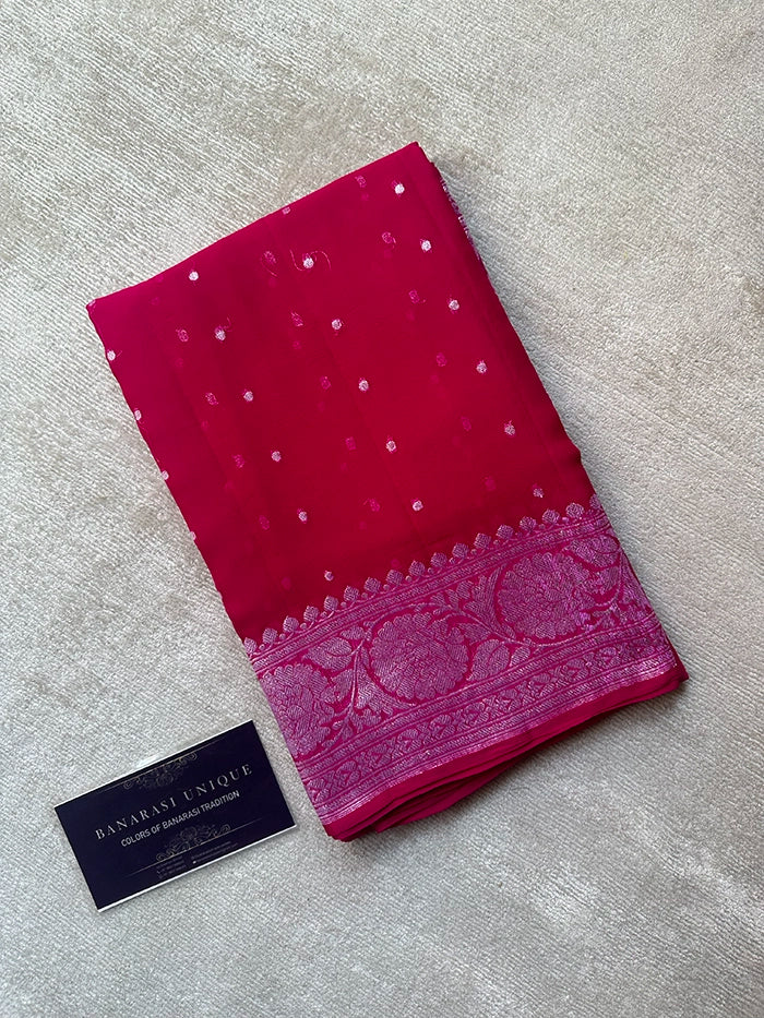 KHADDI CHIFFON HAZARA BUTI SAREE - RANI PINK