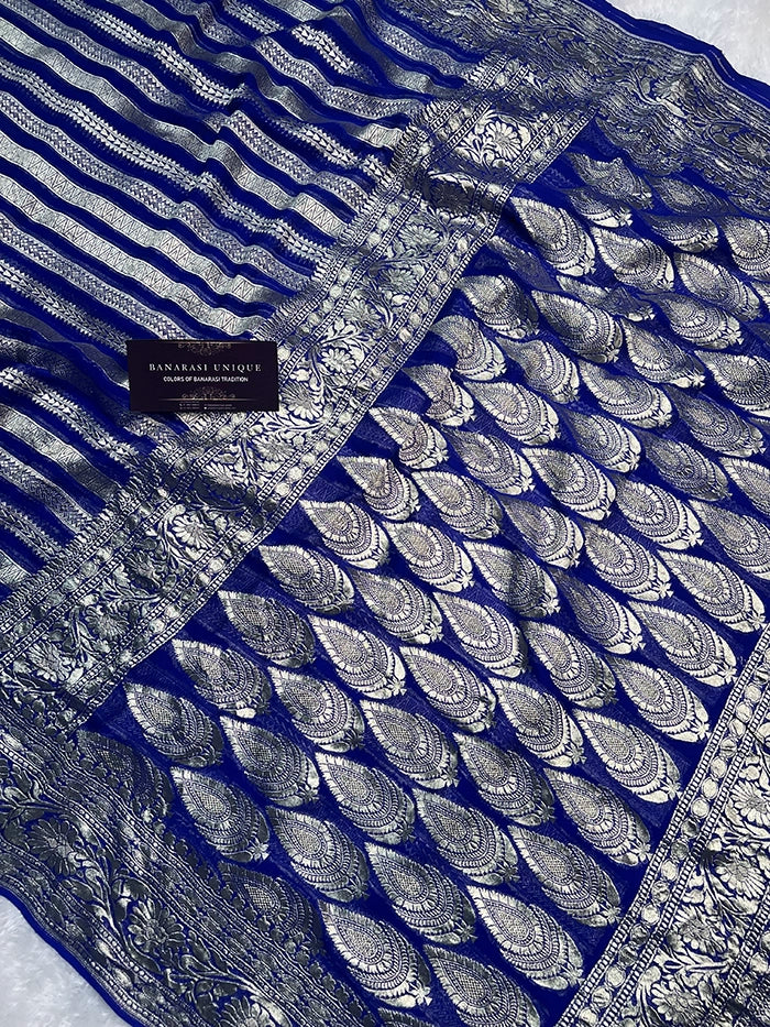 KHADDI GEORGETTE STRIPES WATER ZARI SAREE - ROYAL BLUE
