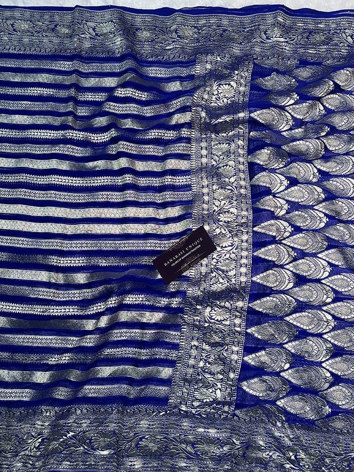 KHADDI GEORGETTE STRIPES WATER ZARI SAREE - ROYAL BLUE