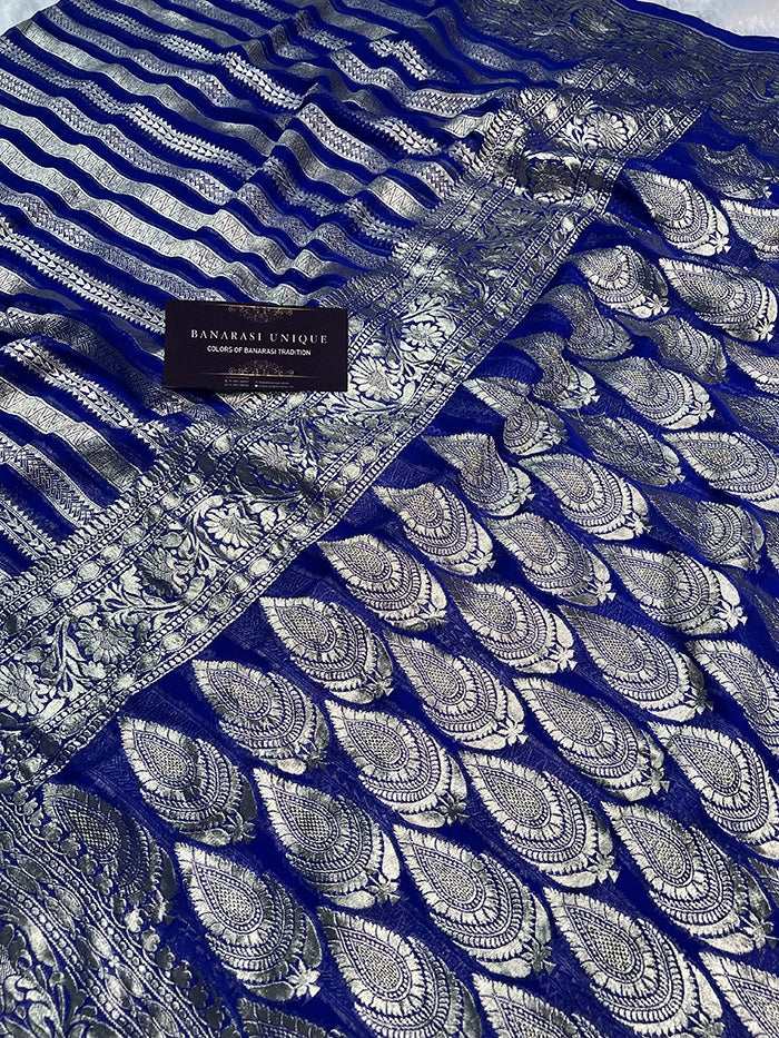 KHADDI GEORGETTE STRIPES WATER ZARI SAREE - ROYAL BLUE