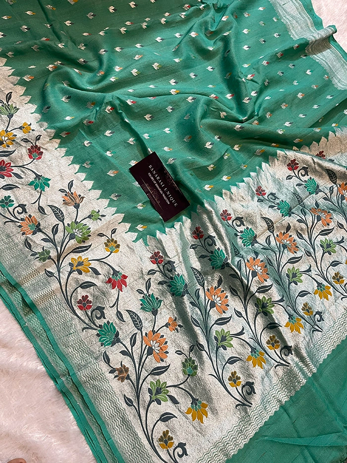 TUSSAR GEORGETTE PATHANI BORDER SAREE - PISTA GREEN