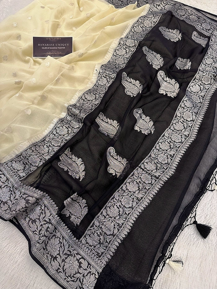 KHADDI CHIFFON SILVER ZARI KADHUWA SAREE - CONTRAST BORDER CREAM WITH BLACK