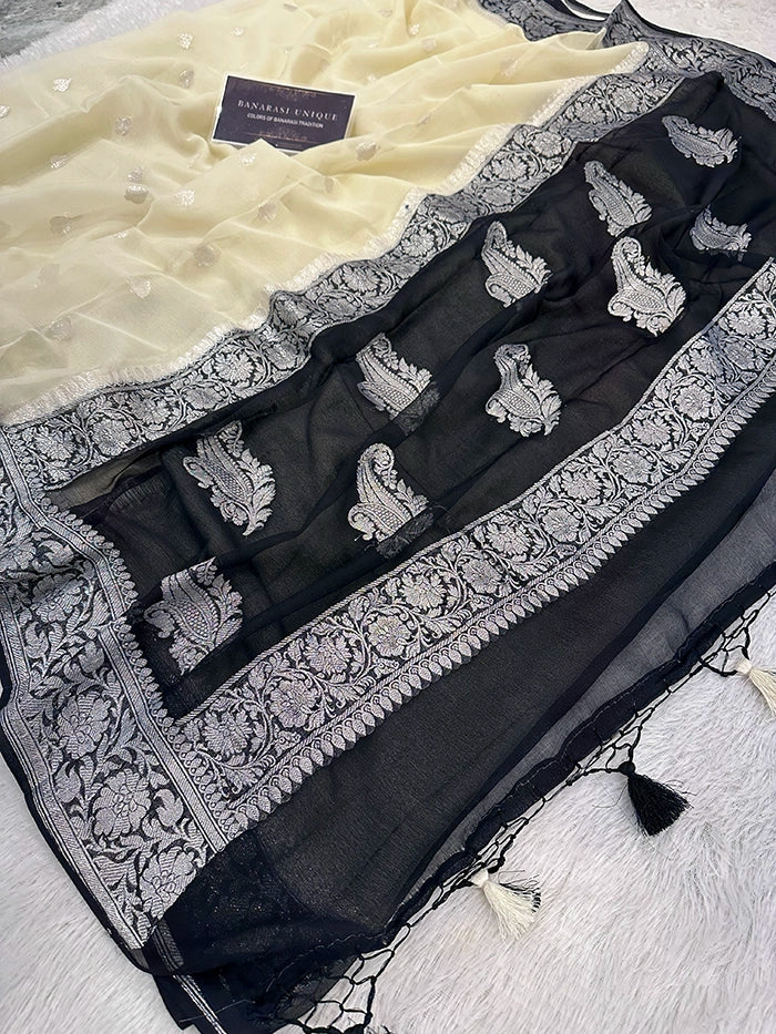 KHADDI CHIFFON SILVER ZARI KADHUWA SAREE - CONTRAST BORDER CREAM WITH BLACK