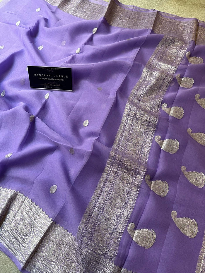KHADDI CHIFFON SILVER ZARI KADHUWA SAREE - LAVENDER