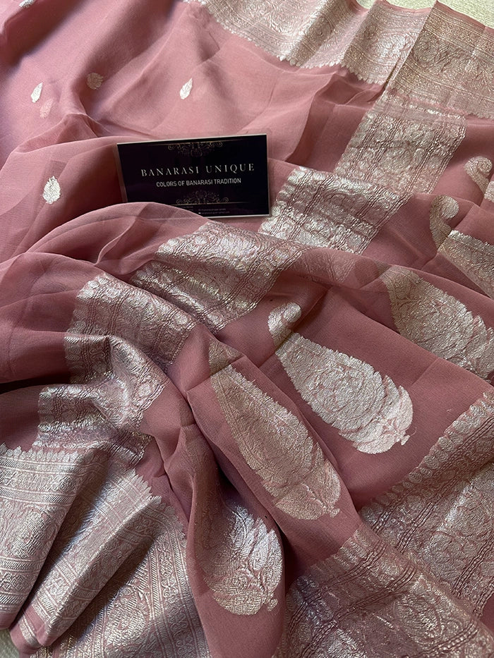 KHADDI CHIFFON SILVER ZARI KADHUWA SAREE - MAUVE