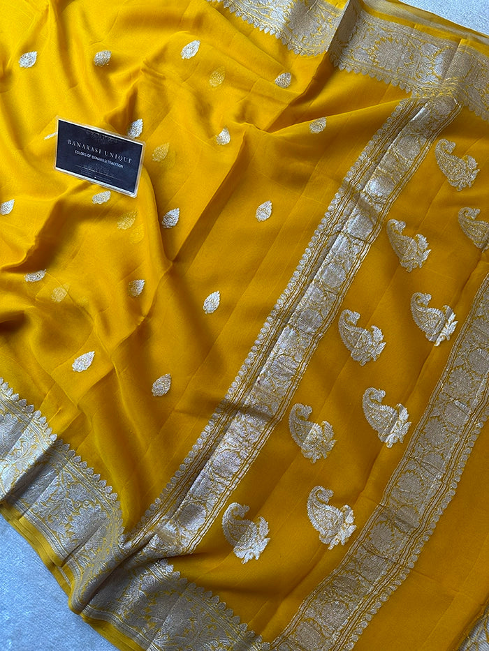 KHADDI CHIFFON SILVER ZARI KADHUWA SAREE - MUSTARD