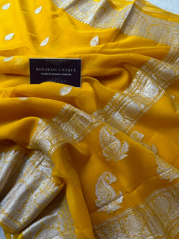 KHADDI CHIFFON SILVER ZARI KADHUWA SAREE - MUSTARD