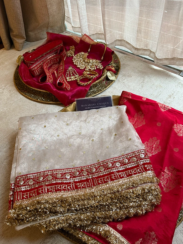 SAUBHAGYAWATI HAND EMBROIDERED TISSUE SAREE - SILVER WHITE with RED BORDER