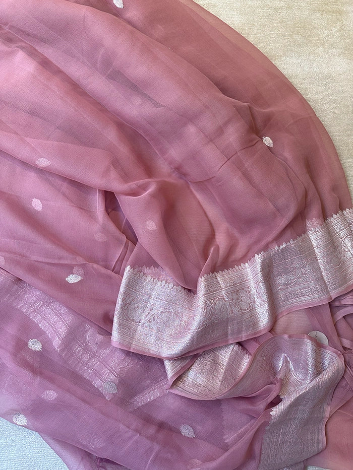 KHADDI CHIFFON SILVER ZARI KADHUWA SAREE - MAUVE