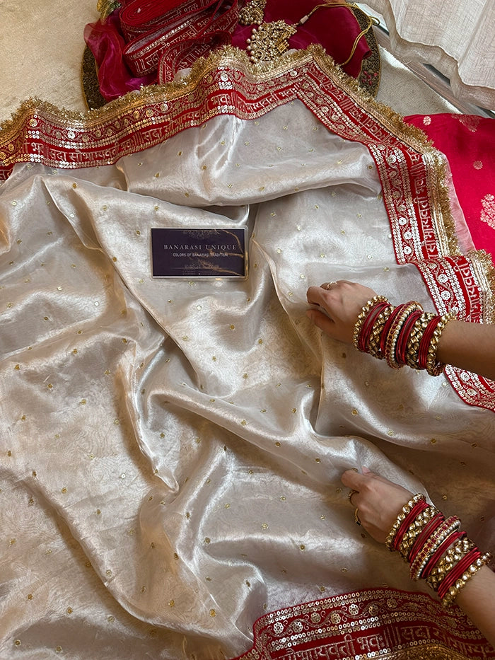SAUBHAGYAWATI HAND EMBROIDERED TISSUE SAREE - SILVER WHITE with RED BORDER