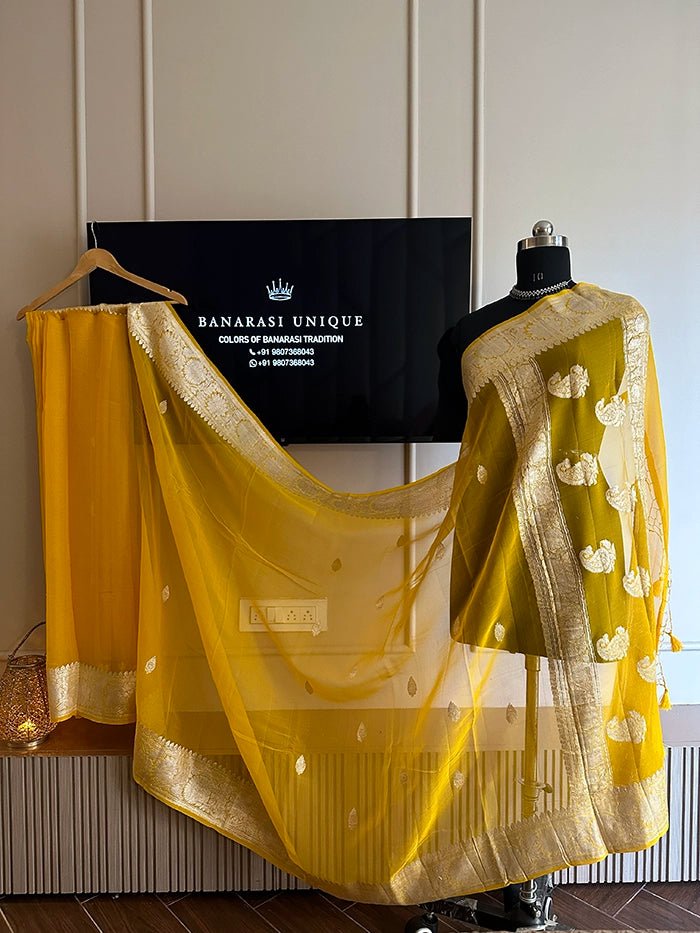 KHADDI CHIFFON SILVER ZARI KADHUWA SAREE - MUSTARD