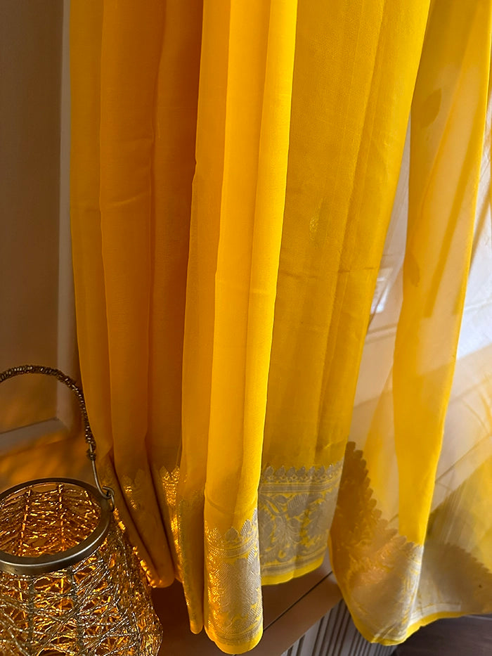 KHADDI CHIFFON SILVER ZARI KADHUWA SAREE - MUSTARD