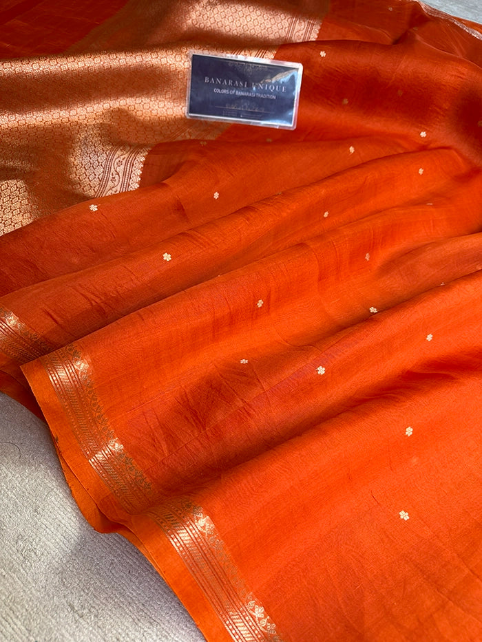 PURE KADHUA ORGANZA SITARA BUTI SAREE - RUST ORANGE