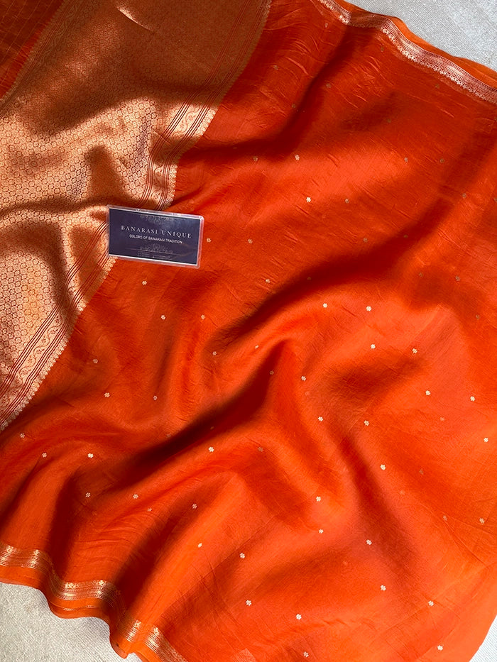 PURE KADHUA ORGANZA SITARA BUTI SAREE - RUST ORANGE