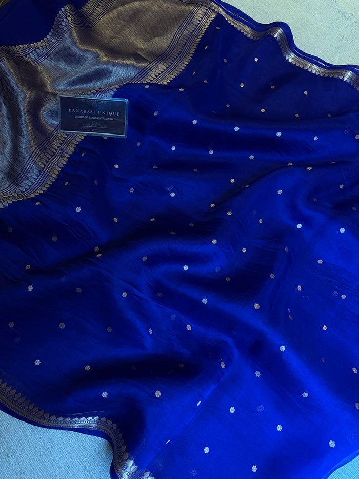 PURE KADHUA ORGANZA SITARA BUTI SAREE - ROYAL BLUE