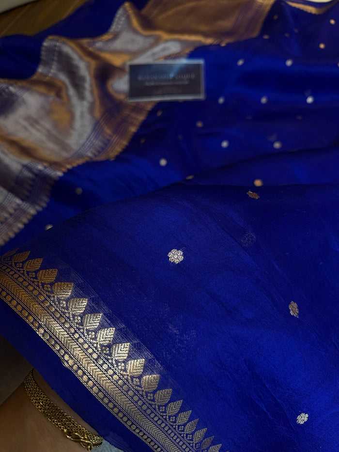 PURE KADHUA ORGANZA SITARA BUTI SAREE - ROYAL BLUE
