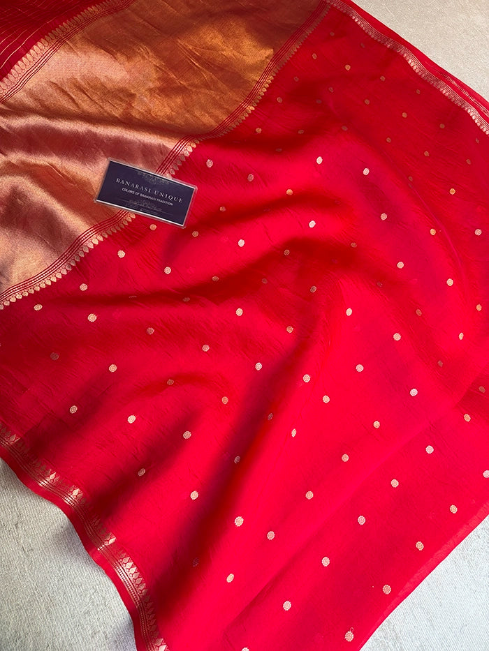 PURE KADHUA ORGANZA SITARA BUTI SAREE - RED