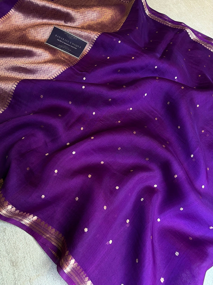 PURE KADHUA ORGANZA SITARA BUTI SAREE - PURPLE