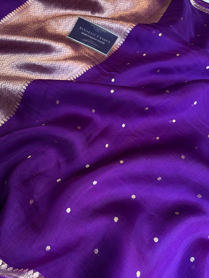 PURE KADHUA ORGANZA SITARA BUTI SAREE - PURPLE