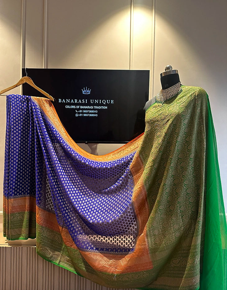 KHADDI GEORGETTE MULTICOLOUR 3D SAREE - BLUE RUST ORANGE AND GREEN SHADE