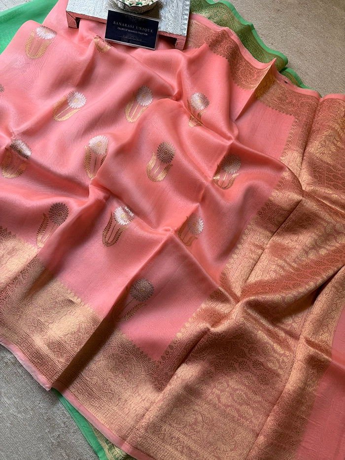 KORA ORGANZA KADHUA MOTIF SAREE - PEACH