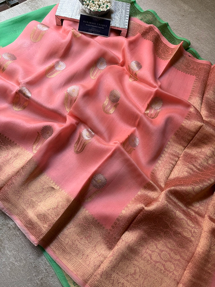 KORA ORGANZA KADHUA MOTIF SAREE - PEACH