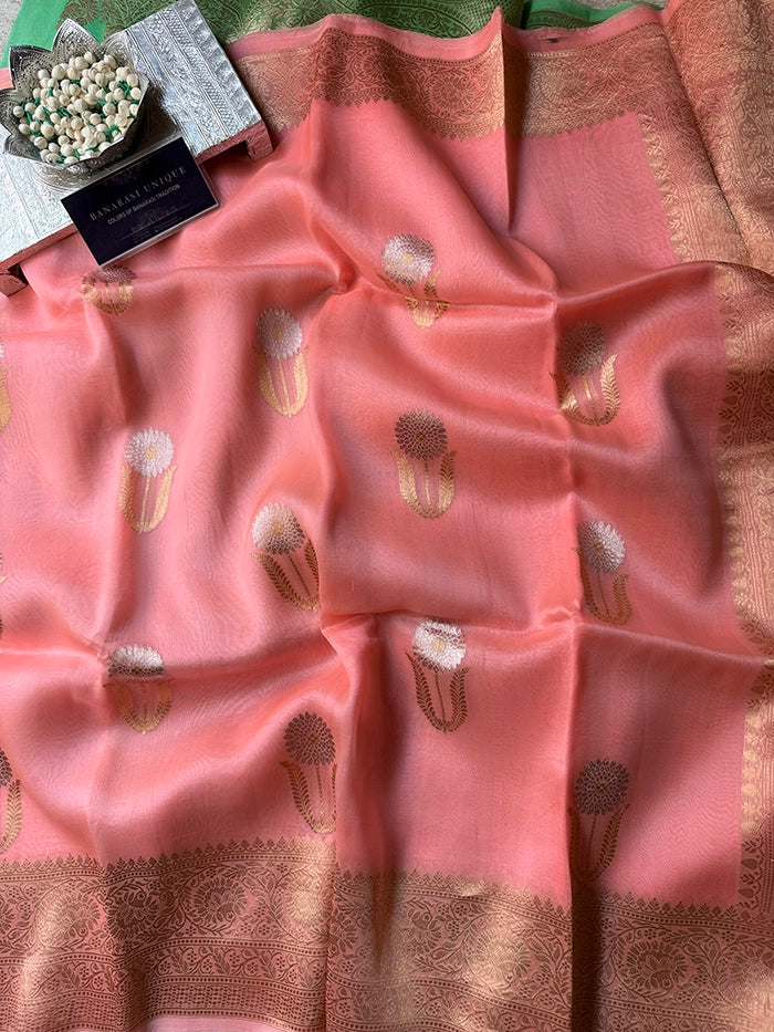 KORA ORGANZA KADHUA MOTIF SAREE - PEACH