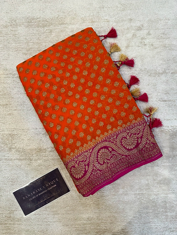 KHADDI GEORGETTE DOLLAR BUTI ANTIQUE ZARI SAREE - CONTRAST BORDER ORANGE WITH PINK
