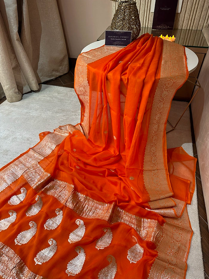KHADDI CHIFFON SILVER ZARI KADHUWA SAREE - ORANGE