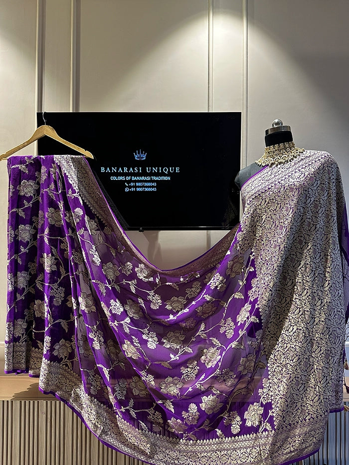 KHADDI GEORGETTE BIG FLORAL JAAL WATER ZARI SAREE - PURPLE