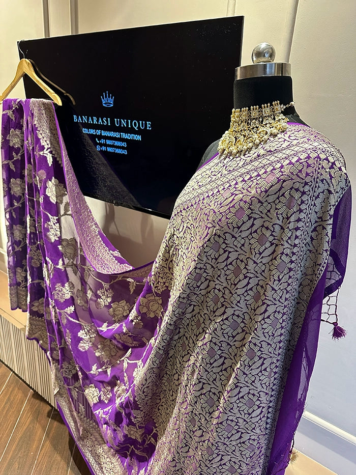 KHADDI GEORGETTE BIG FLORAL JAAL WATER ZARI SAREE - PURPLE
