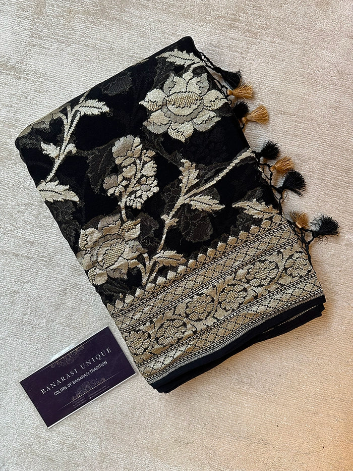 KHADDI GEORGETTE BIG FLORAL JAAL WATER ZARI SAREE - BLACK