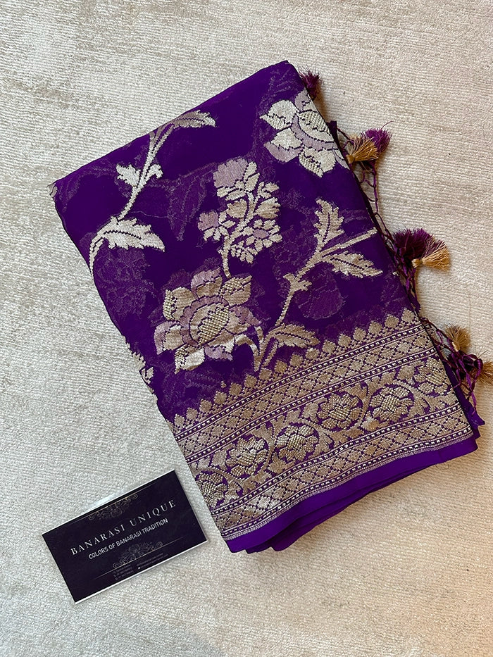 KHADDI GEORGETTE BIG FLORAL JAAL WATER ZARI SAREE - PURPLE