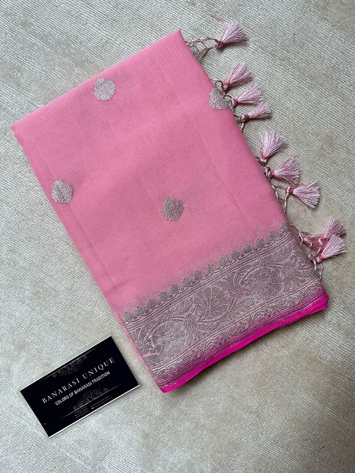 KHADDI CHIFFON SILVER ZARI KADHUWA SAREE - BABY PINK WITH DARK PINK EDGE