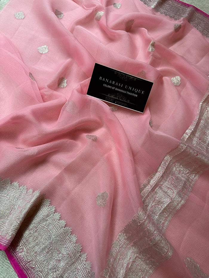 KHADDI CHIFFON SILVER ZARI KADHUWA SAREE - BABY PINK WITH DARK PINK EDGE