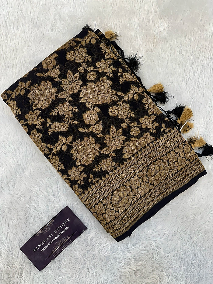 KHADDI GEORGETTE GULAABO ANTIQUE ZARI SAREE - BLACK