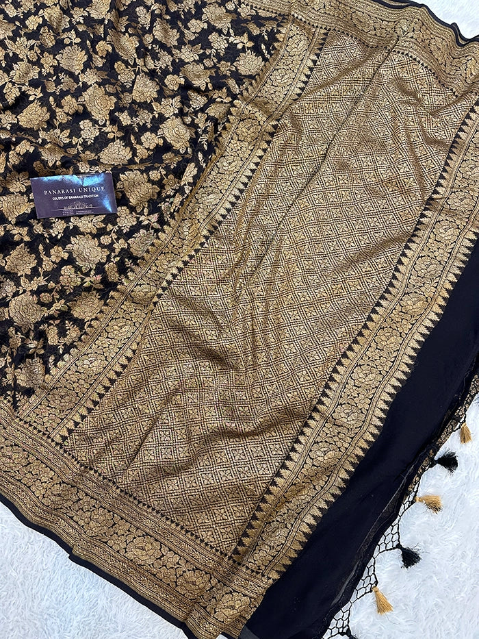 KHADDI GEORGETTE GULAABO ANTIQUE ZARI SAREE - BLACK