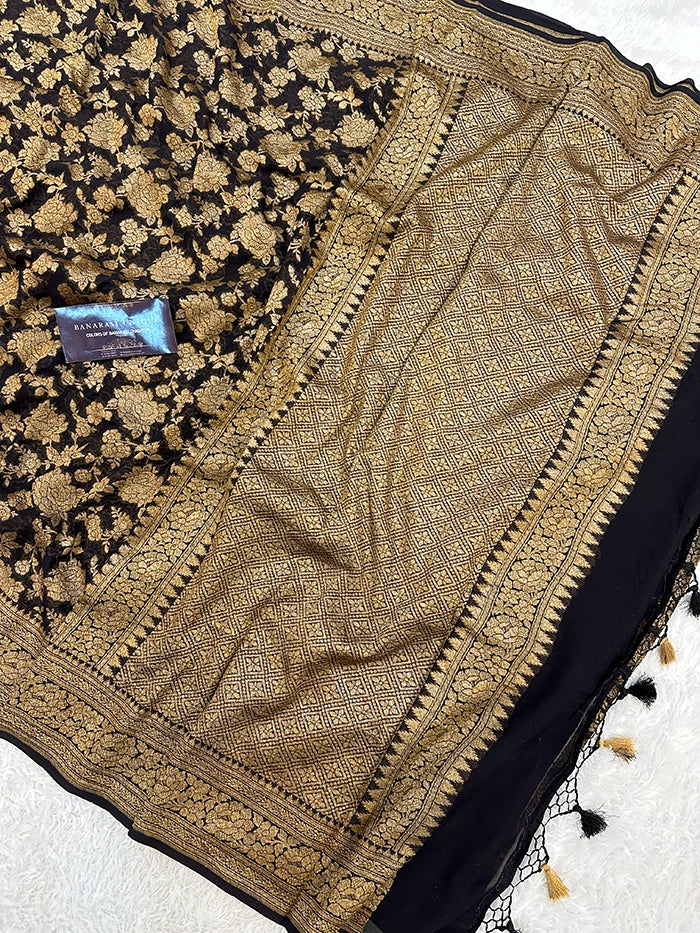 KHADDI GEORGETTE GULAABO ANTIQUE ZARI SAREE - BLACK