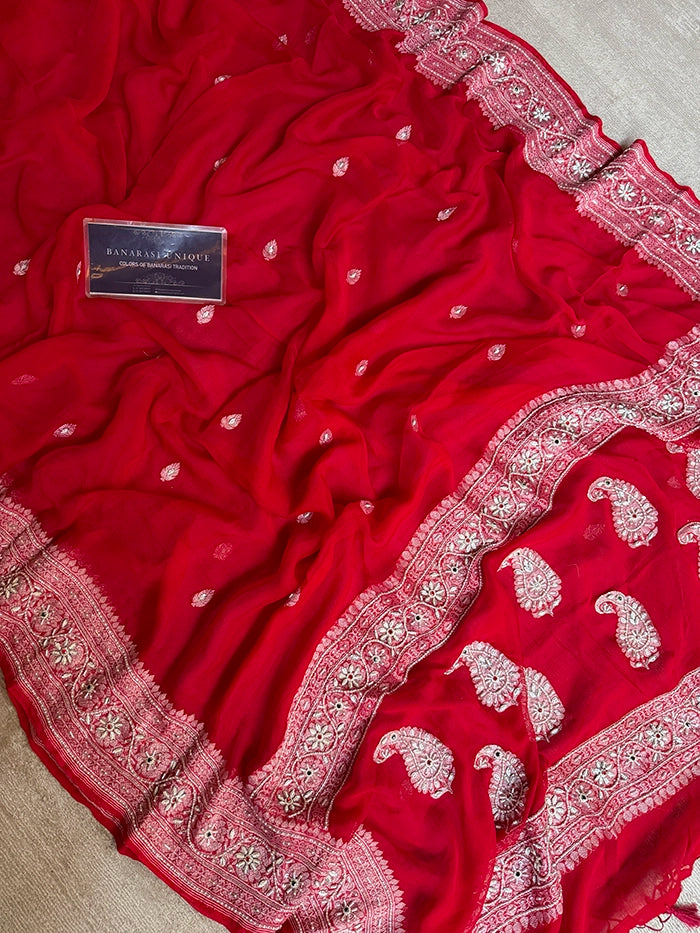 KHADDI CHIFFON PEARL WORK SAREE - RED