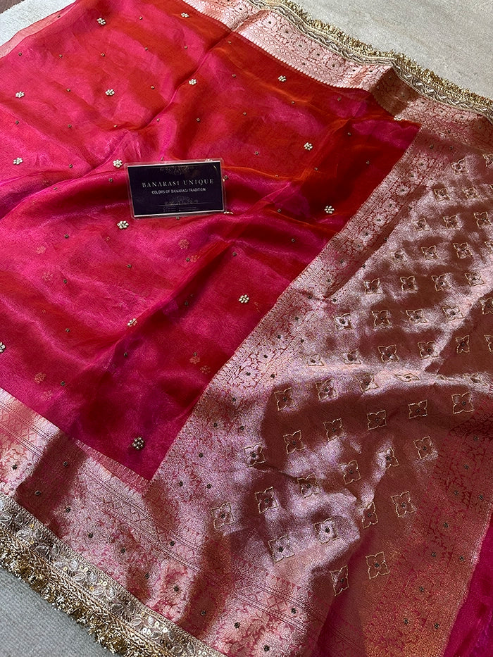 PLAIN FLORAL BUTI SAREE - DHOOP CHAAV - PINK AND ORANGE