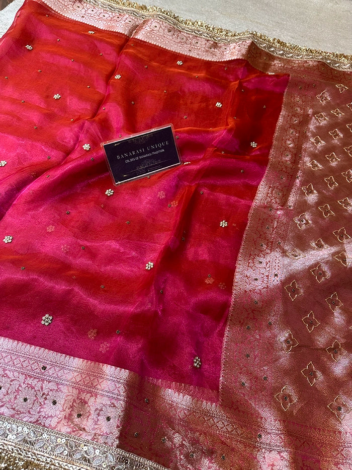 PLAIN FLORAL BUTI SAREE - DHOOP CHAAV - PINK AND ORANGE