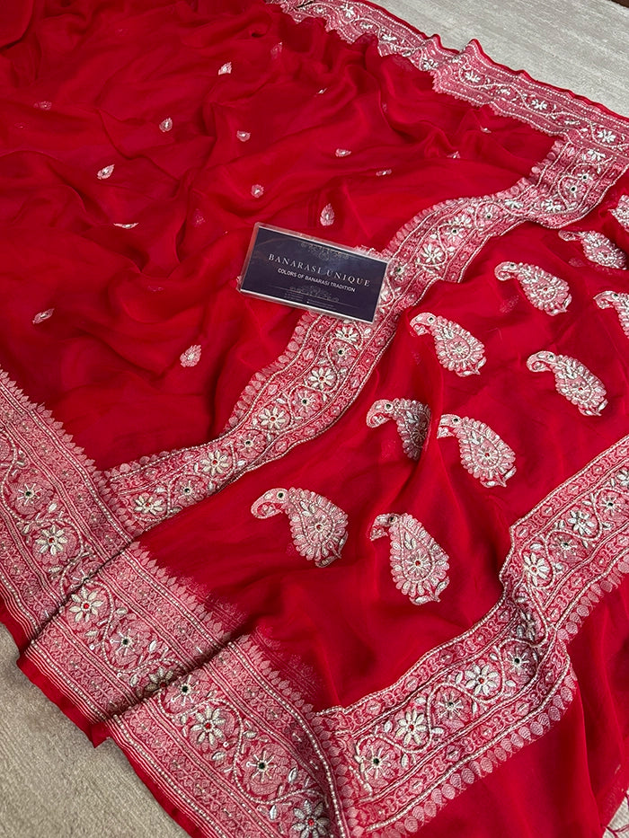 KHADDI CHIFFON PEARL WORK SAREE - RED