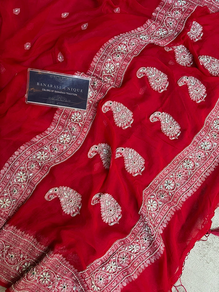 KHADDI CHIFFON PEARL WORK SAREE - RED