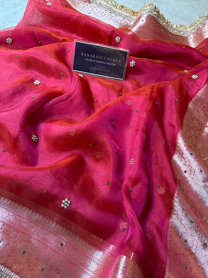 PLAIN FLORAL BUTI SAREE - DHOOP CHAAV - PINK AND ORANGE