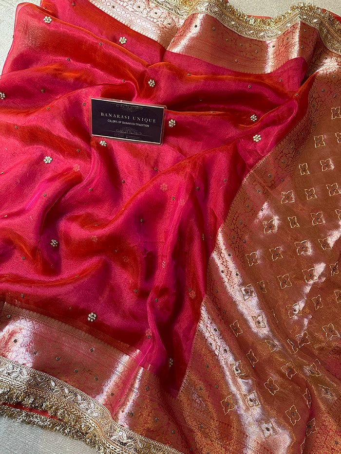 PLAIN FLORAL BUTI SAREE - DHOOP CHAAV - PINK AND ORANGE