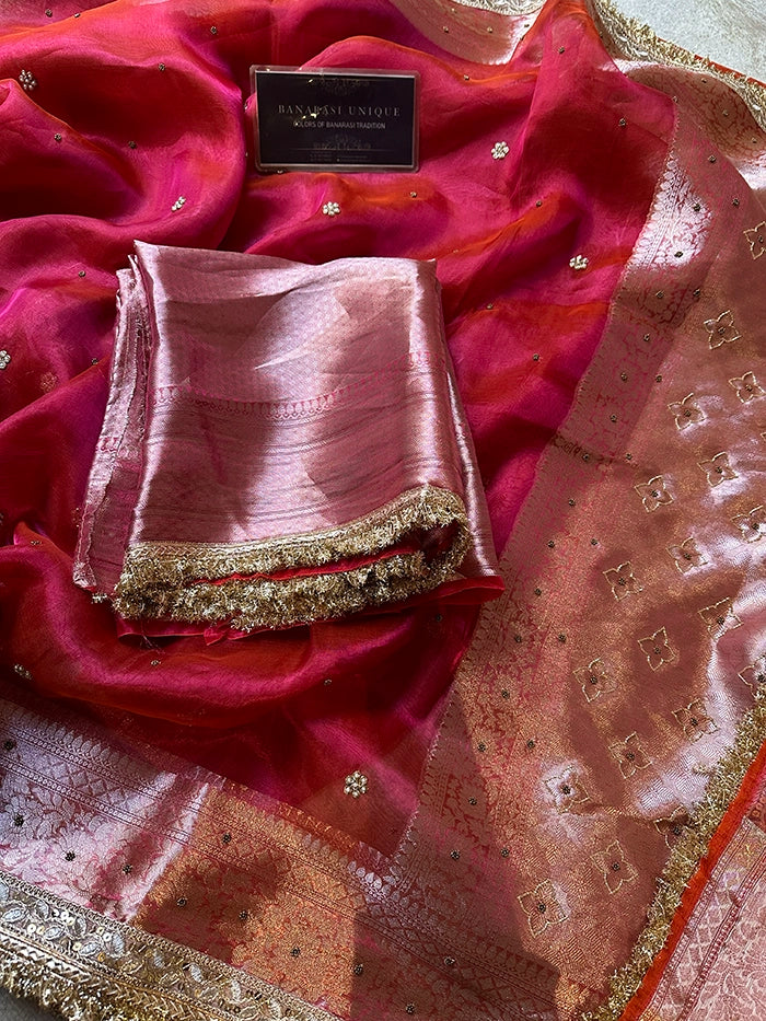 PLAIN FLORAL BUTI SAREE - DHOOP CHAAV - PINK AND ORANGE